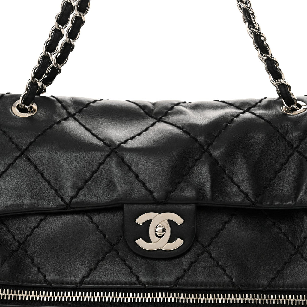 Calfskin Stitched Large Expandable Flap Bag Black