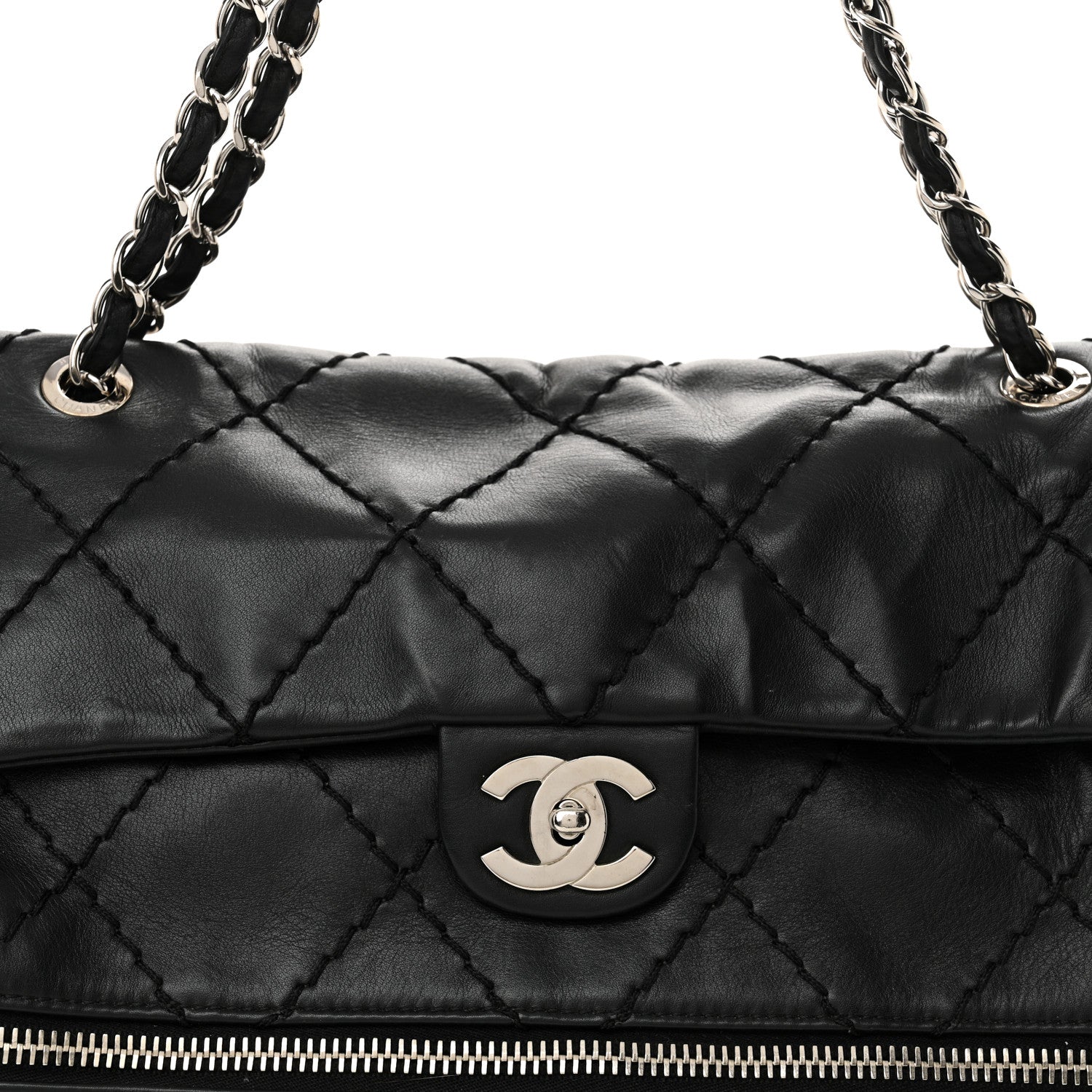 Calfskin Stitched Large Expandable Flap Bag Black