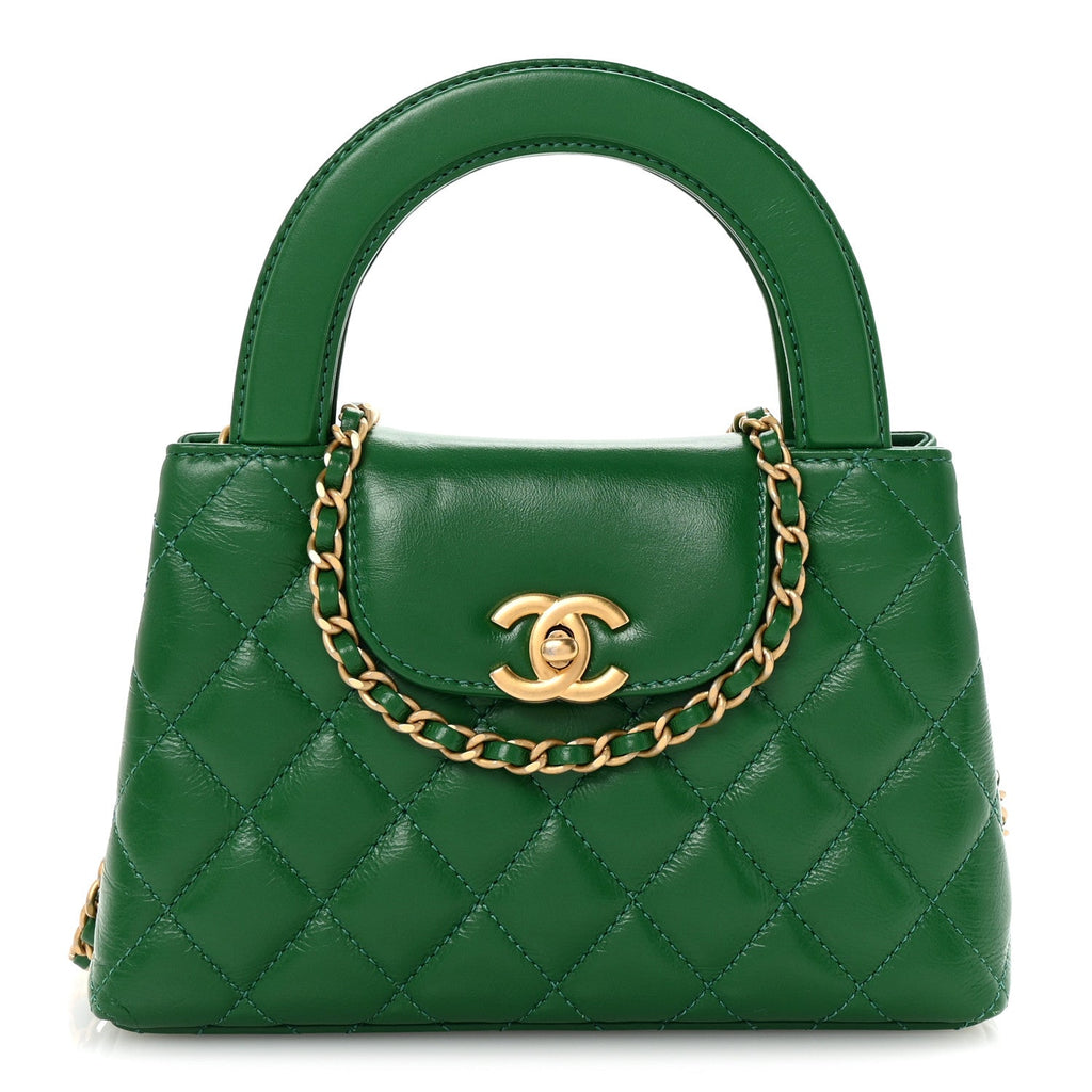 Shiny Aged Calfskin Quilted Nano Kelly Shopper Green