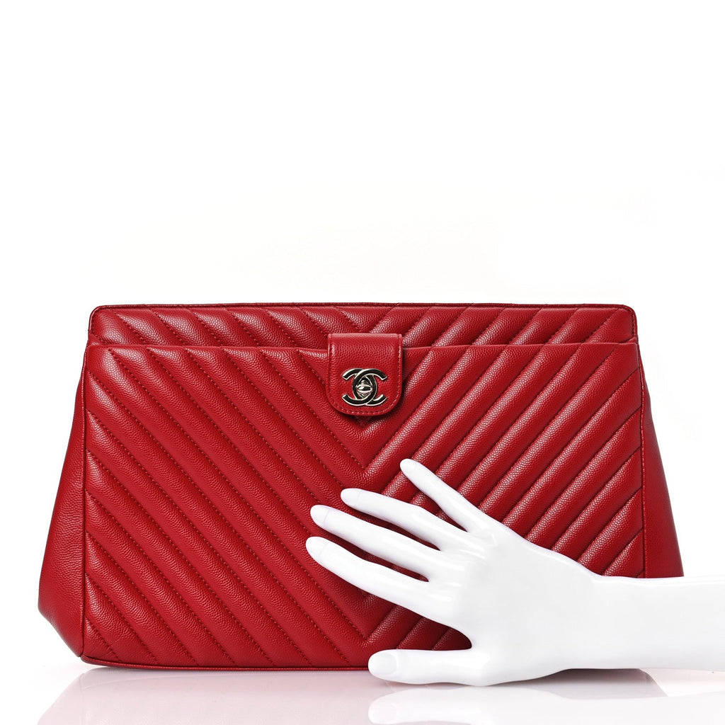Caviar Chevron Quilted Framed Clutch Red