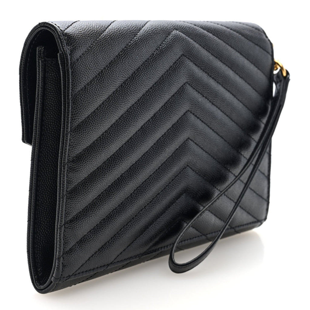 Grain De Poudre Matelasse Chevron Monogram Envelope Clutch Black