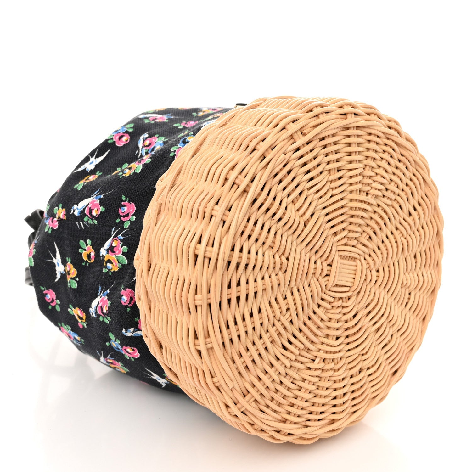 Wicker Canvas Floral Print Bucket Bag Black Multicolor