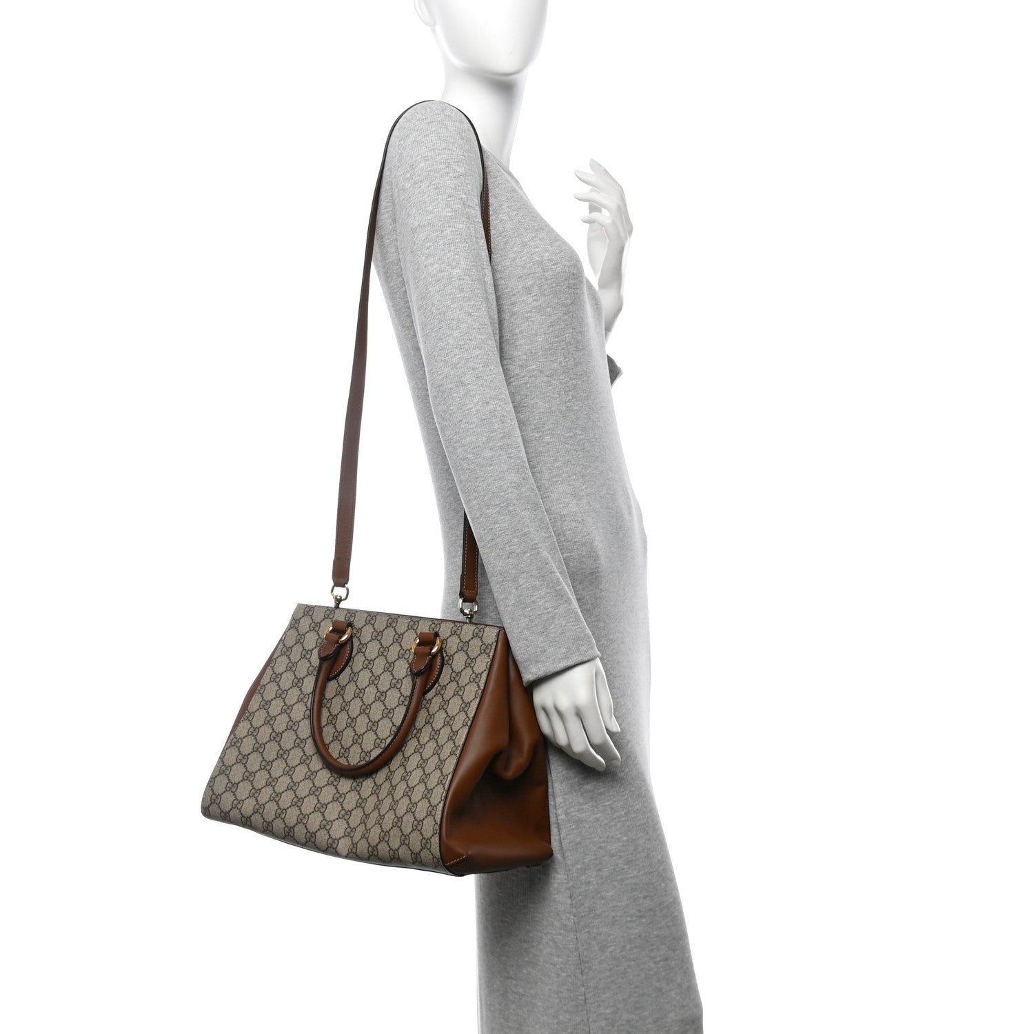 GG Supreme Monogram Moon Calfskin Top Handle Tote Bag Beige Ebony Tuscany