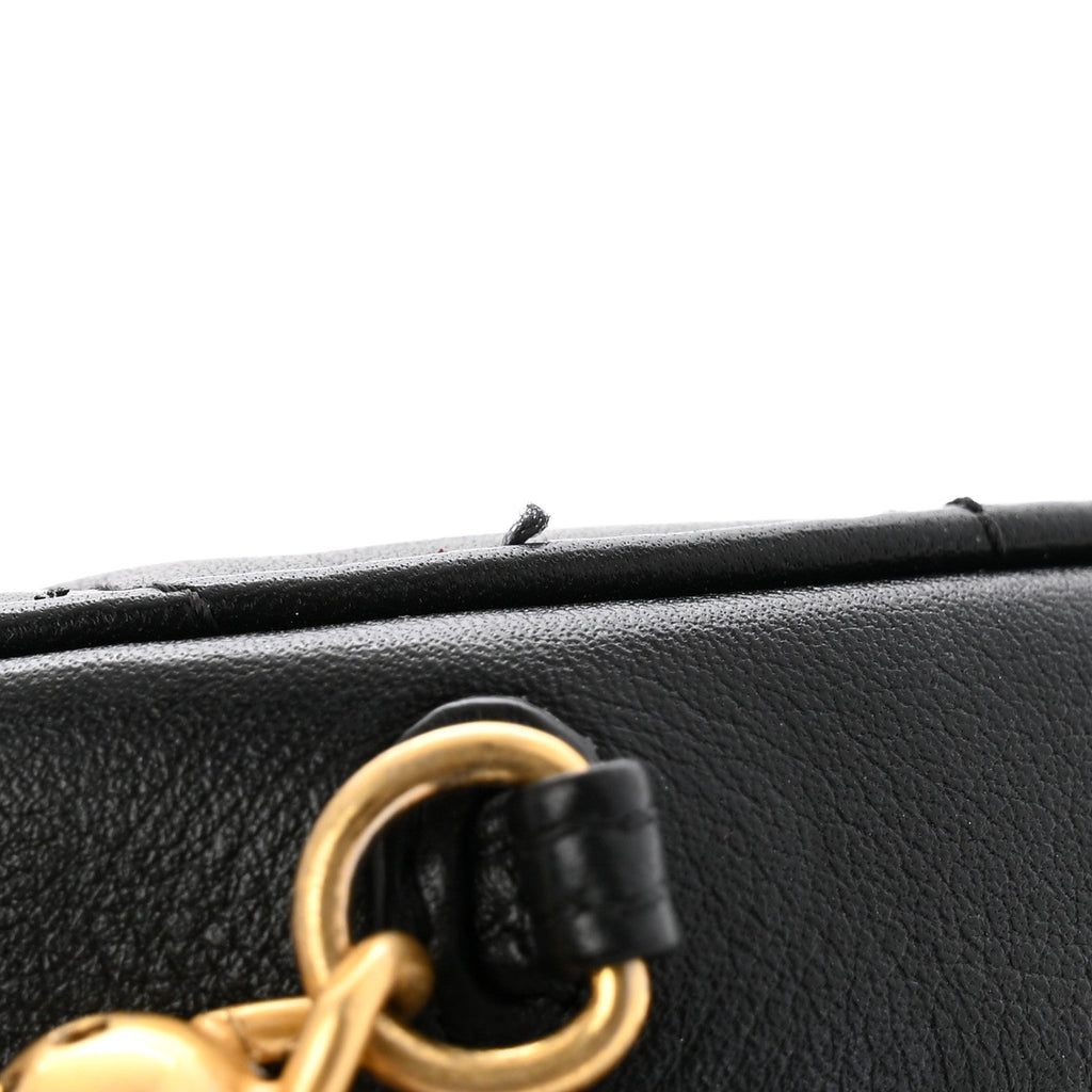 Lambskin Quilted Pearl Chain Round Clutch With Chain Black