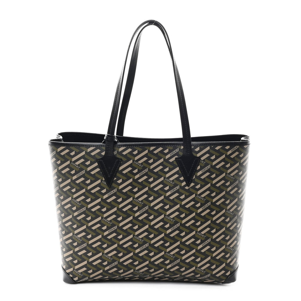 Canvas Calfskin Monogram La Greca Medusa Tote Black Khaki