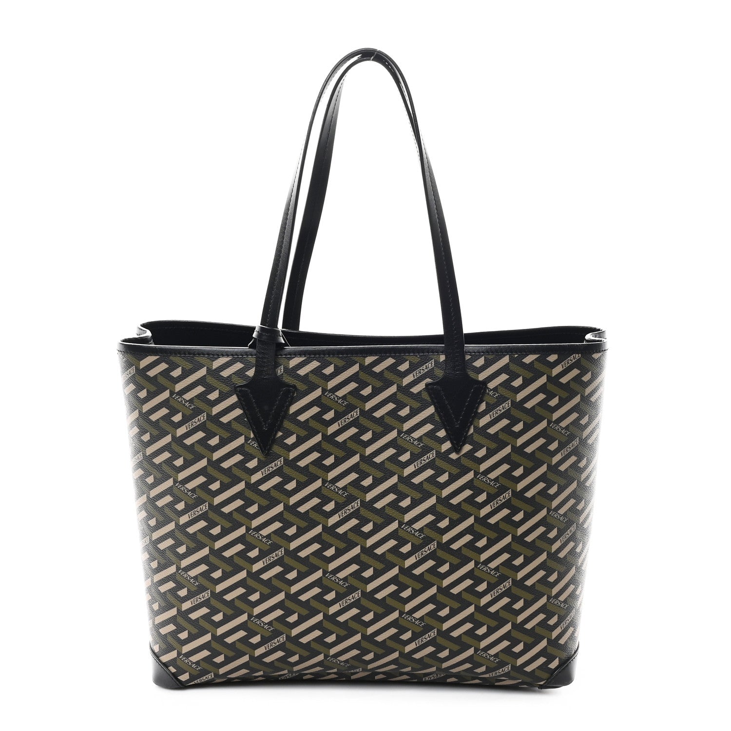 Canvas Calfskin Monogram La Greca Medusa Tote Black Khaki
