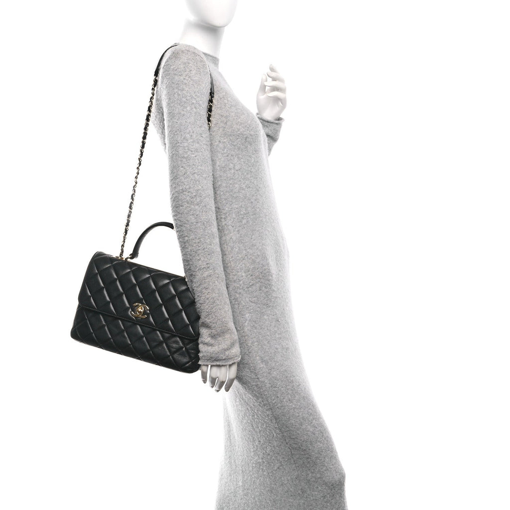 Lambskin Quilted Medium Trendy CC Flap Dual Handle Bag Black