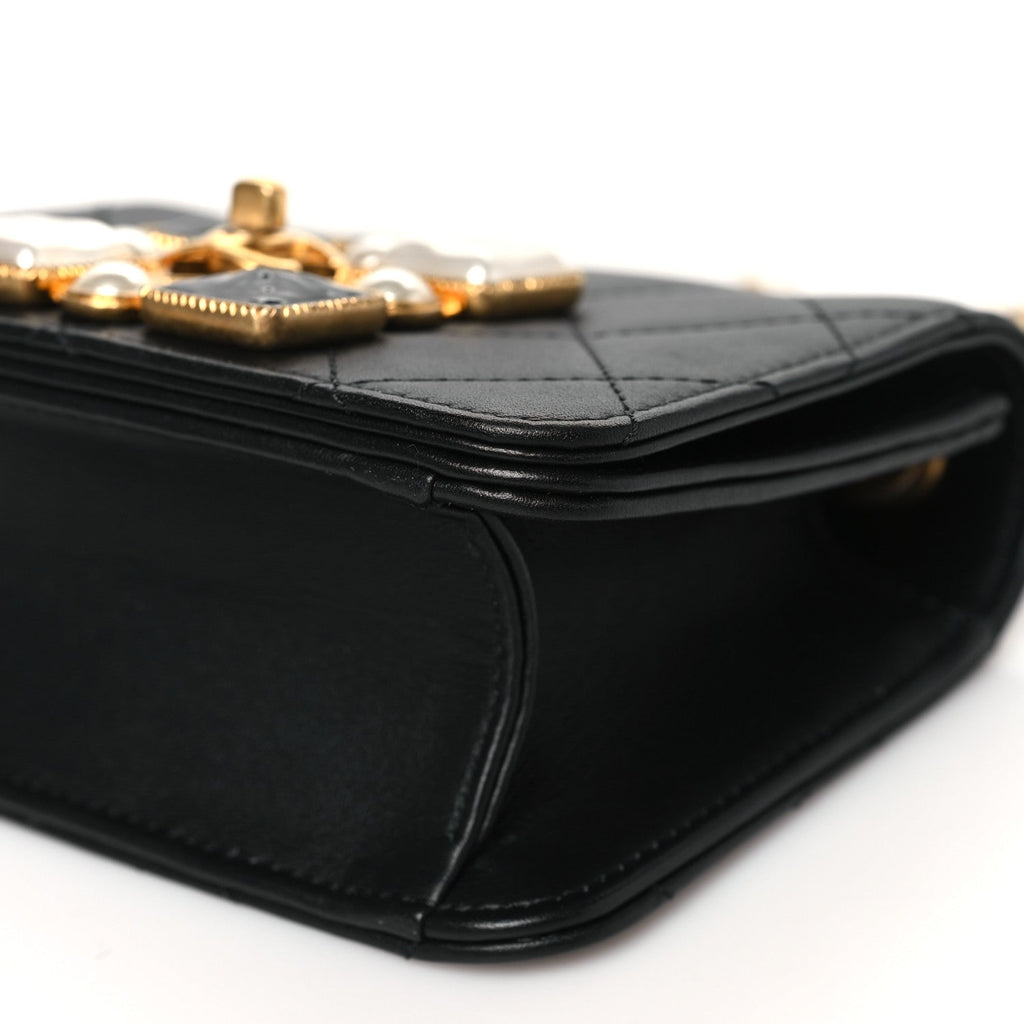 Calfskin Quilted Crystal Pearl Mini Flap Bag Black
