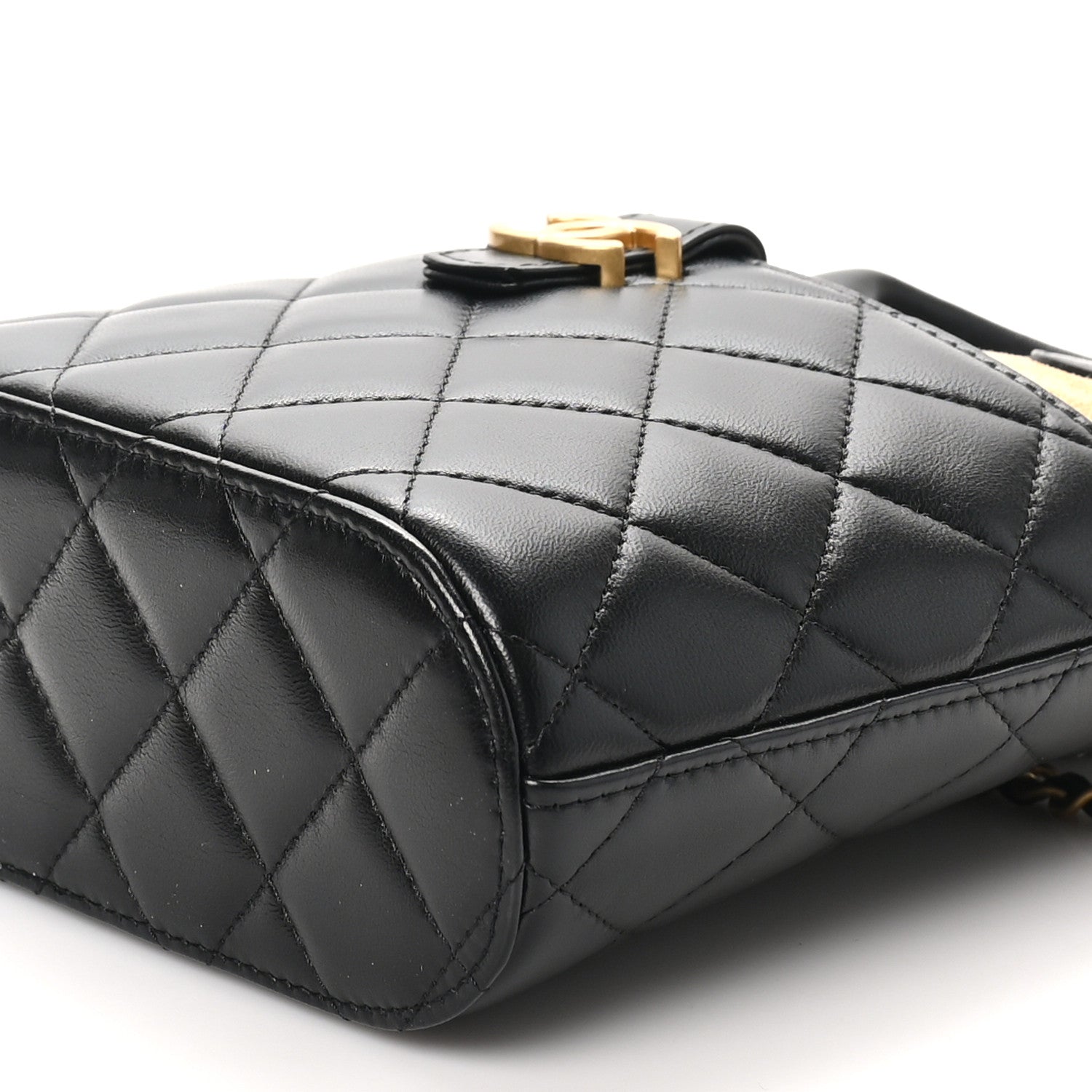 Suede Shiny Lambskin Quilted Top Handle Clutch With Chain Black Beige