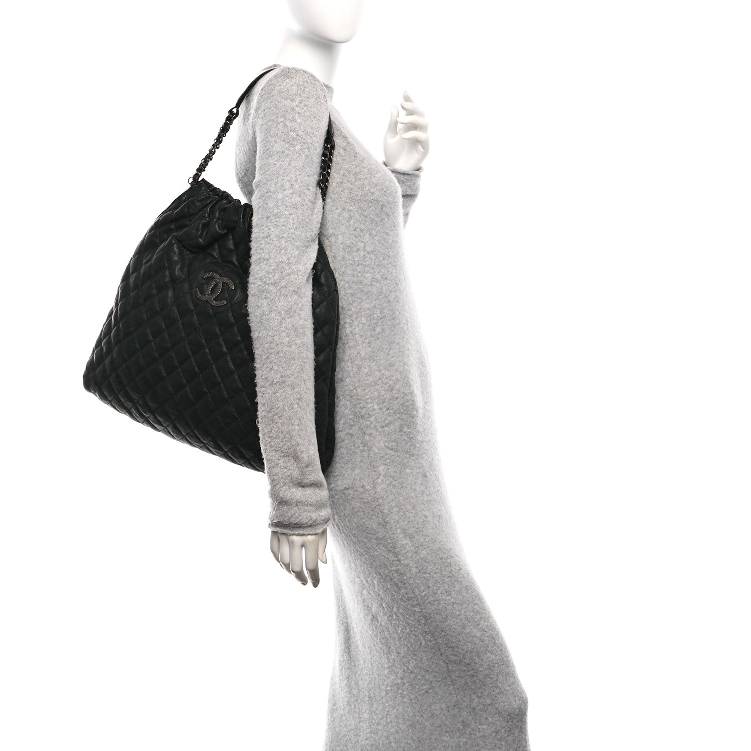 Distressed Glazed Caviar Quilted Large Elastic Tote Black
