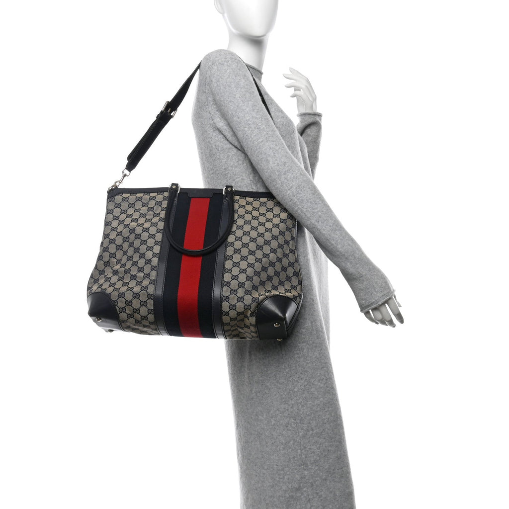 GG Canvas Vintage Web Large Tote Beige Blue