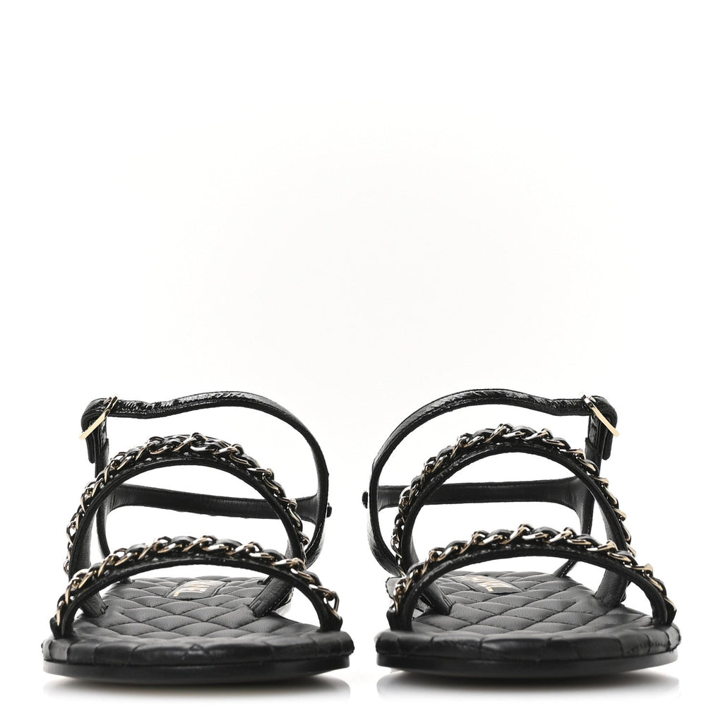 Crumpled Calfskin Chain Sandals 36 Black