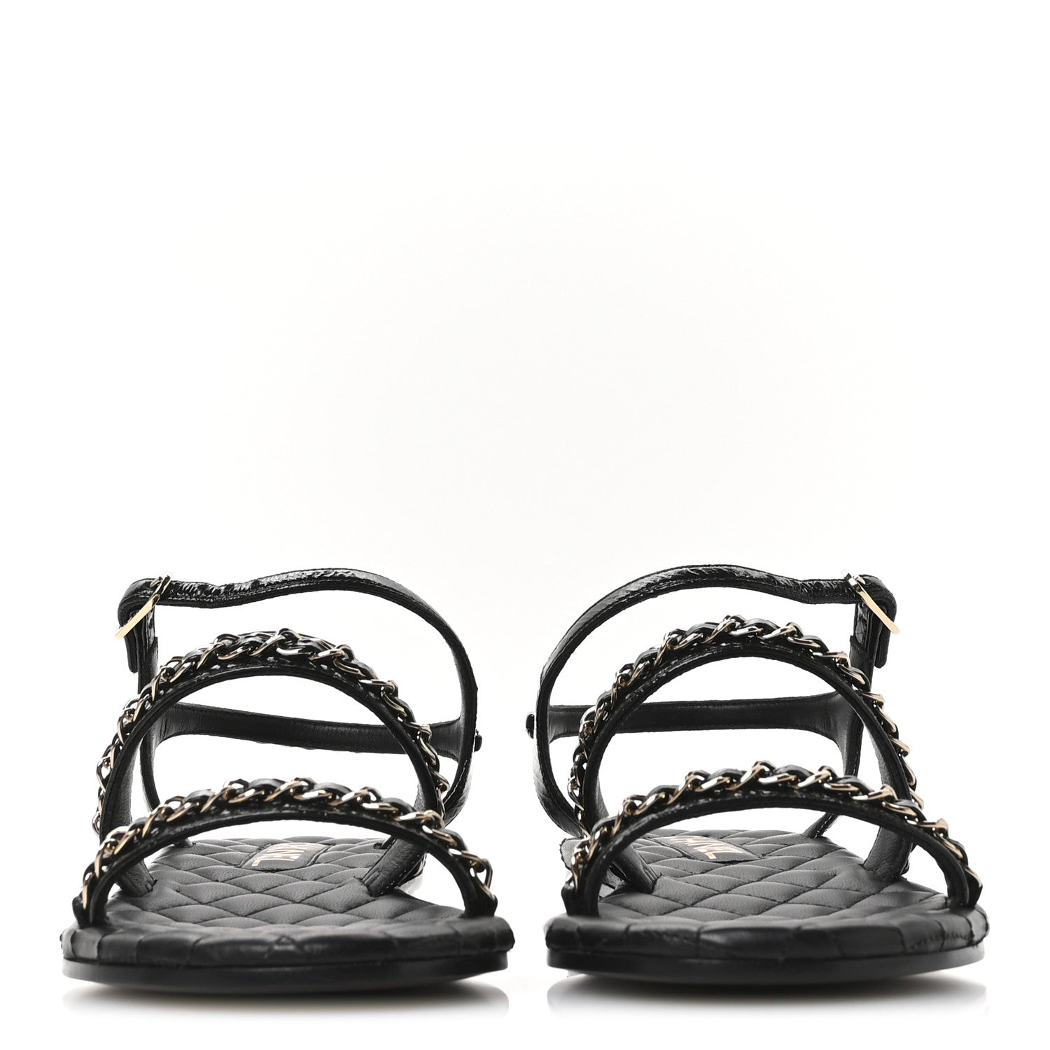Crumpled Calfskin Chain Sandals 36 Black