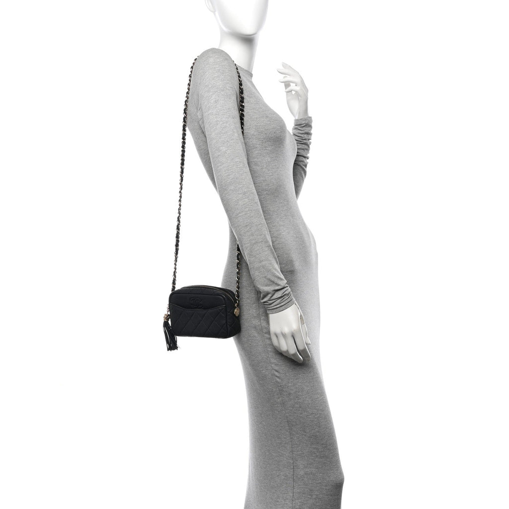 Iridescent Caviar Quilted Mini Coco Tassel Camera Case Black