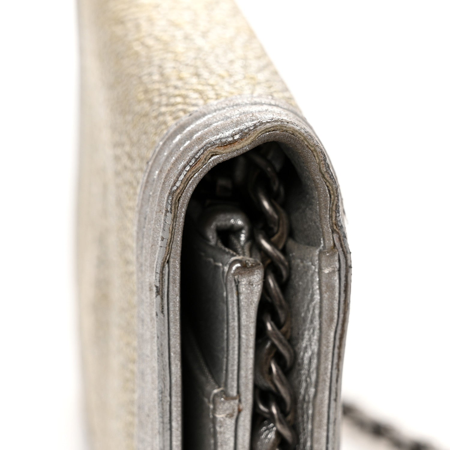 Metallic Galuchat Stingray Lambskin Boy Wallet On Chain WOC Silver