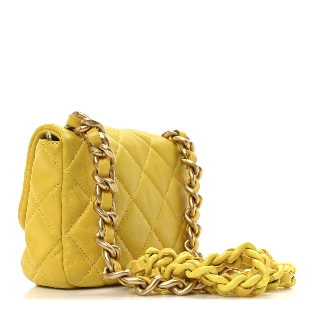 Lambskin Quilted Mini Lacquered Chain Flap Yellow