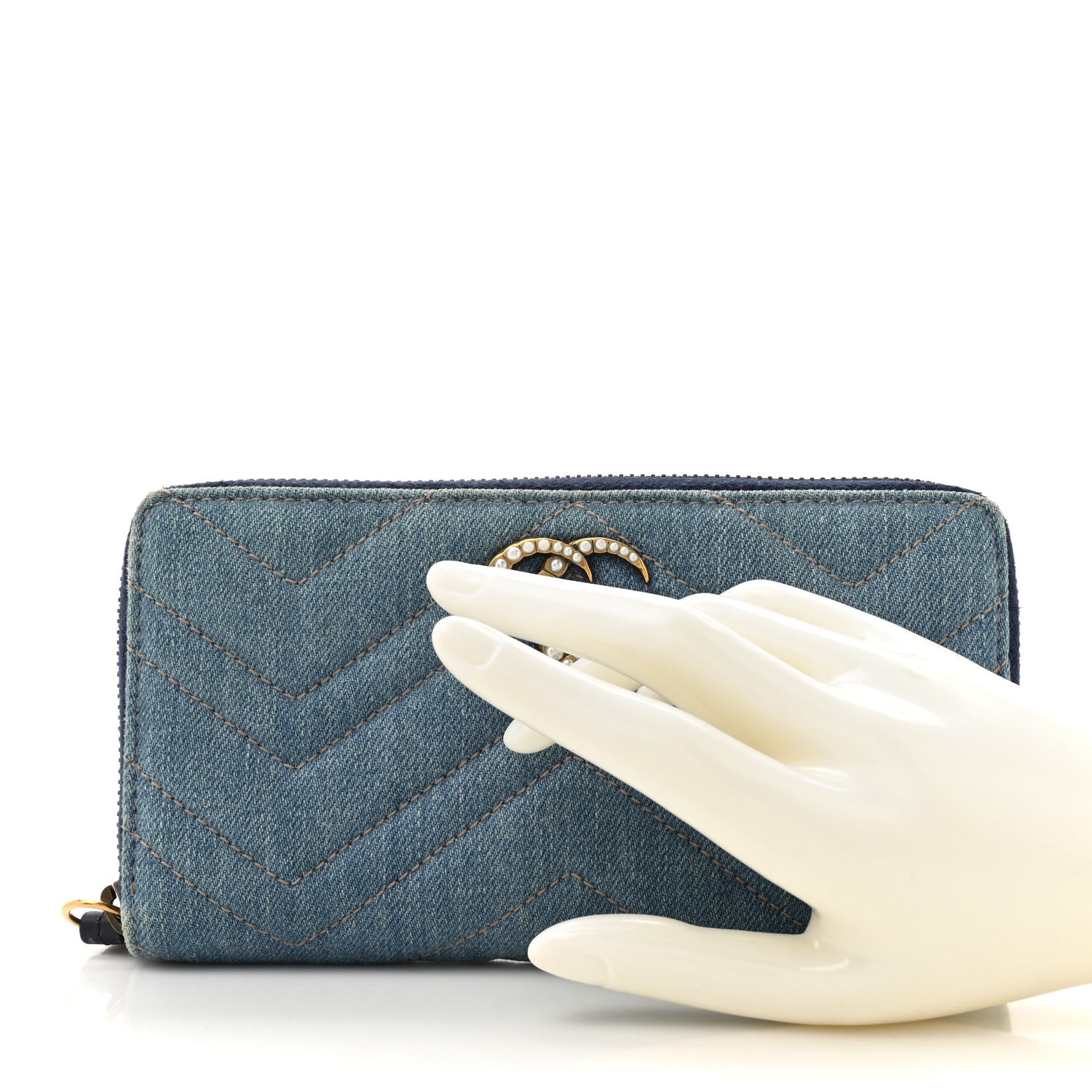 Denim Matelasse Pearly GG Marmont Zip Around Wallet Blue