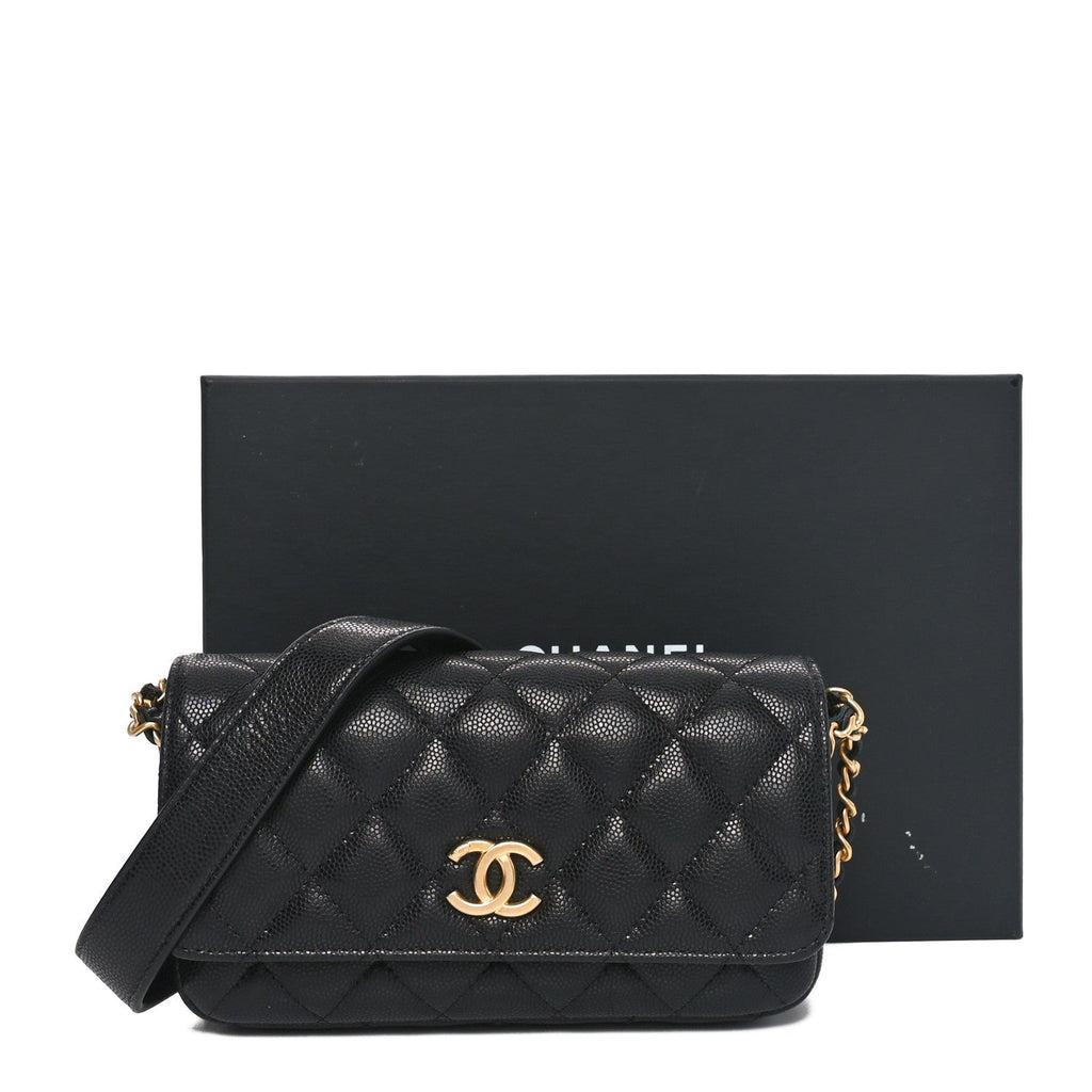 Caviar Quilted Yours Buttons Phone Holder With Chain Black