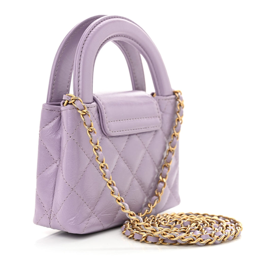 Shiny Aged Calfskin Quilted Mini Nano Kelly Shopper Lilac