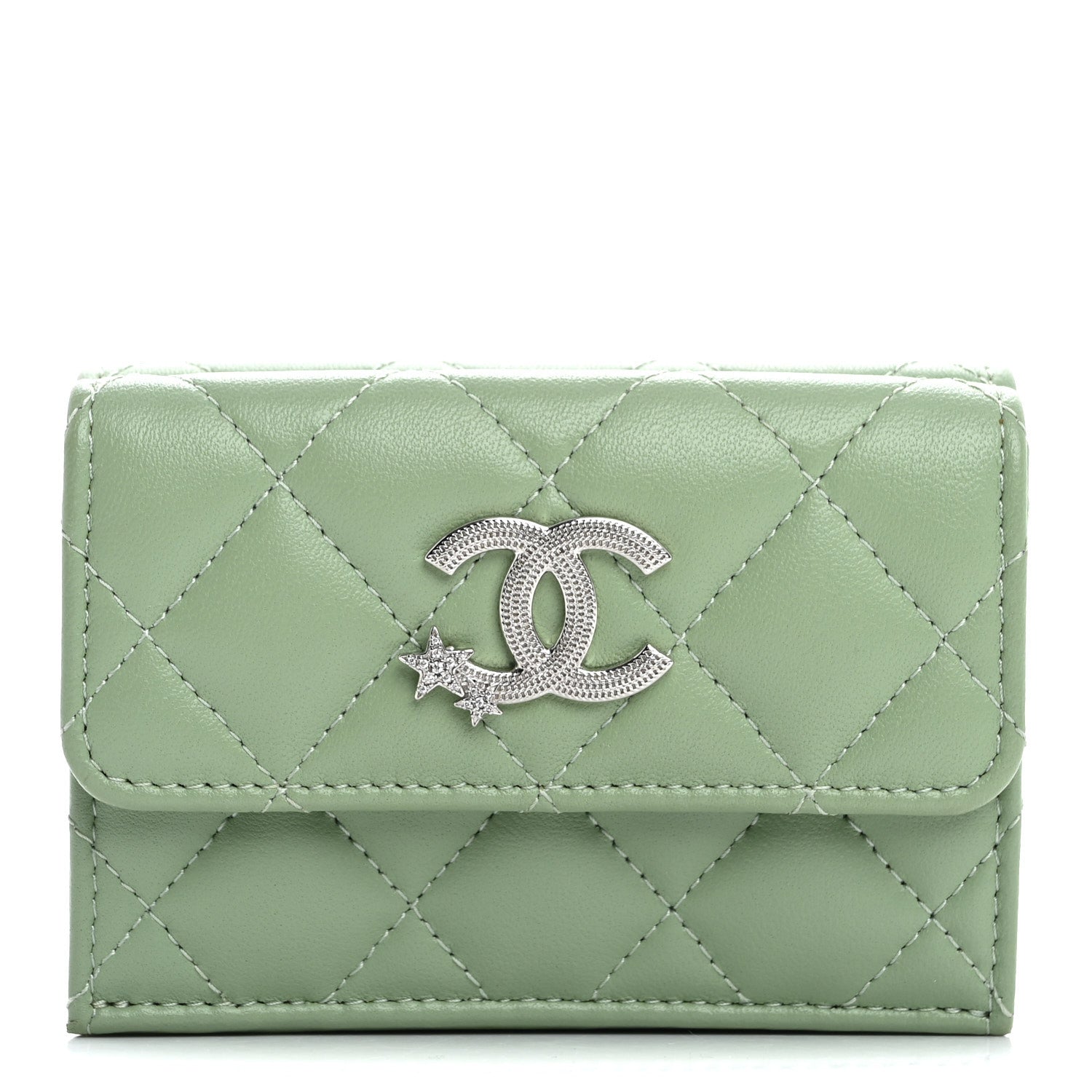 Lambskin  Quilted Crystal Star Double Flap Wallet  Green