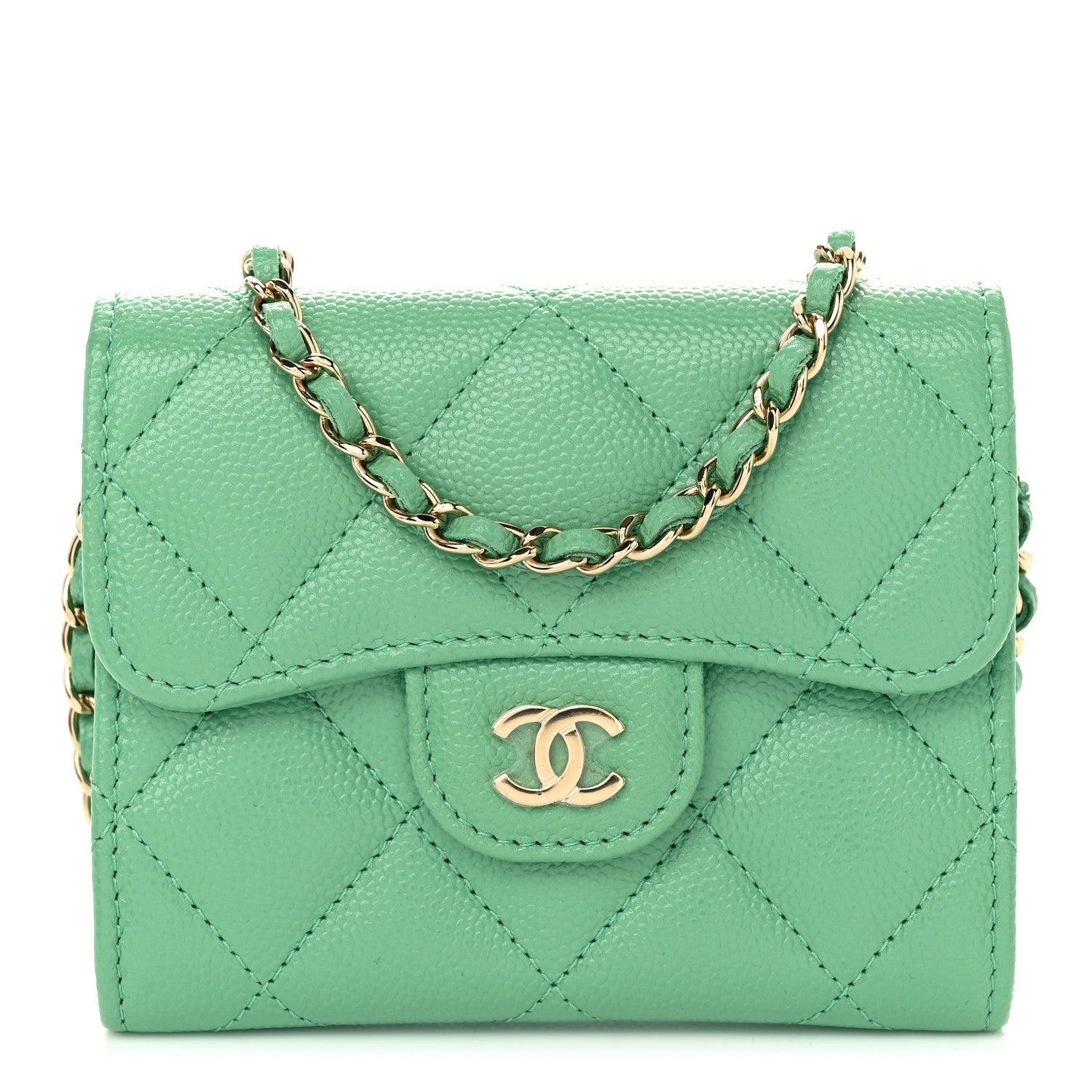 Caviar Quilted Flap  Holder On Chain Light Green