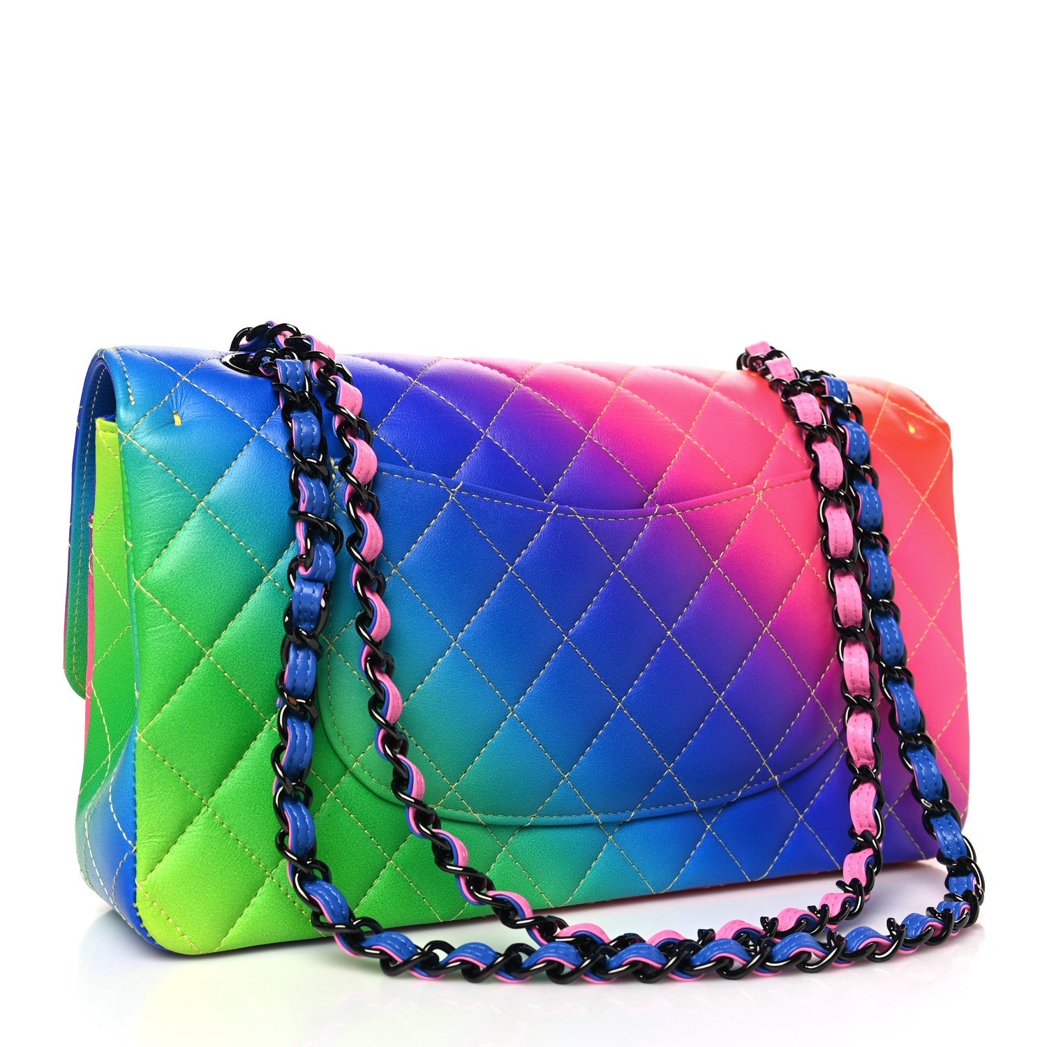 Calfskin Quilted Medium Rainbow Double Flap Multicolor