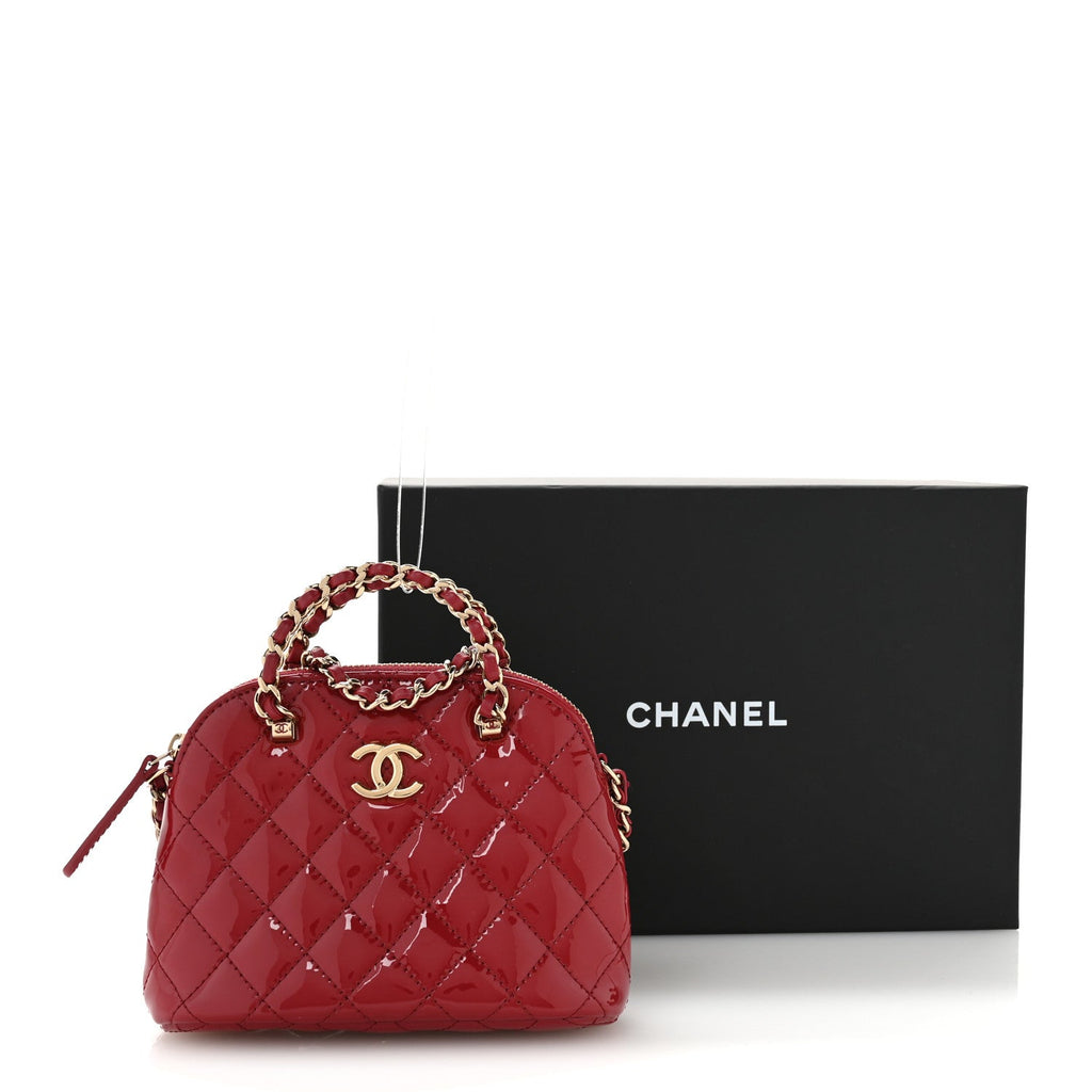 Patent Calfskin Quilted Shiny Coco Clutch With Chain Red