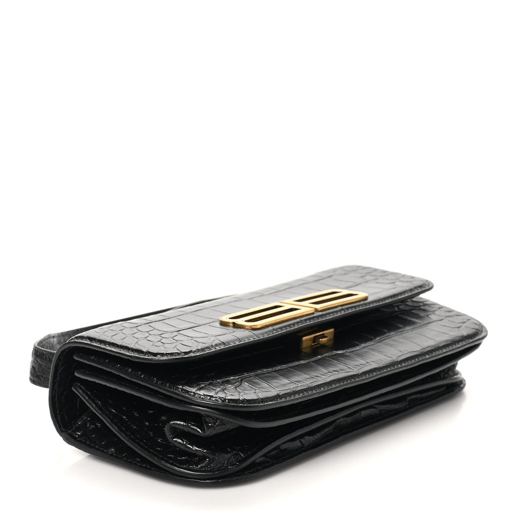 Extra Supple Calfskin Crocodile Embossed Small Gossip Bag Black
