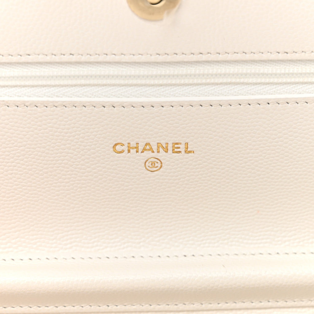 Shiny Caviar Quilted Crystal Heart CC Wallet On Chain WOC White