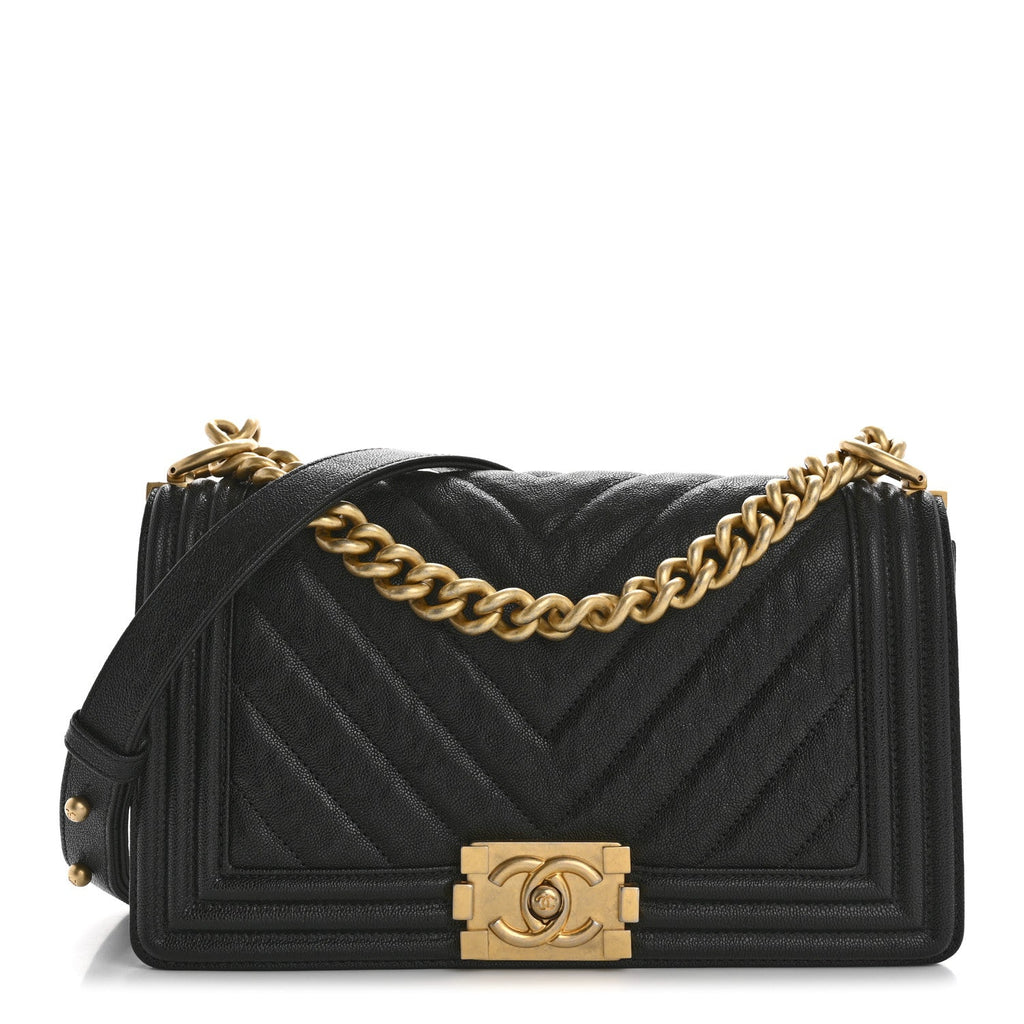 Caviar Chevron Quilted Medium Boy Flap Black