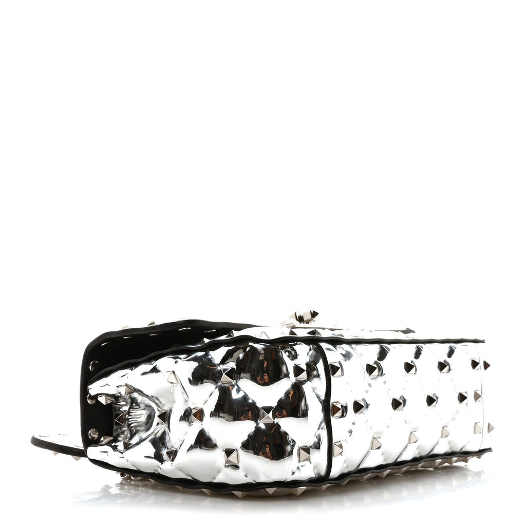 Metallic Patent Quilted Small Rockstud Spike Shoulder Bag Silver