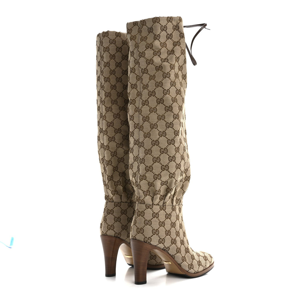 Monogram Malaga Kid Lisa Mid Heel Boots 36 Beige Ebony