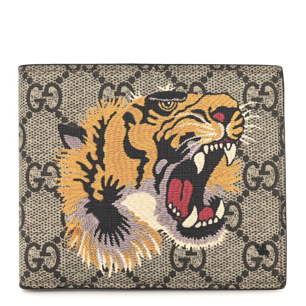 GG Supreme Monogram Selleria Calfskin Tiger Nice Bi-Fold Wallet Beige Ebony Multicolor Black