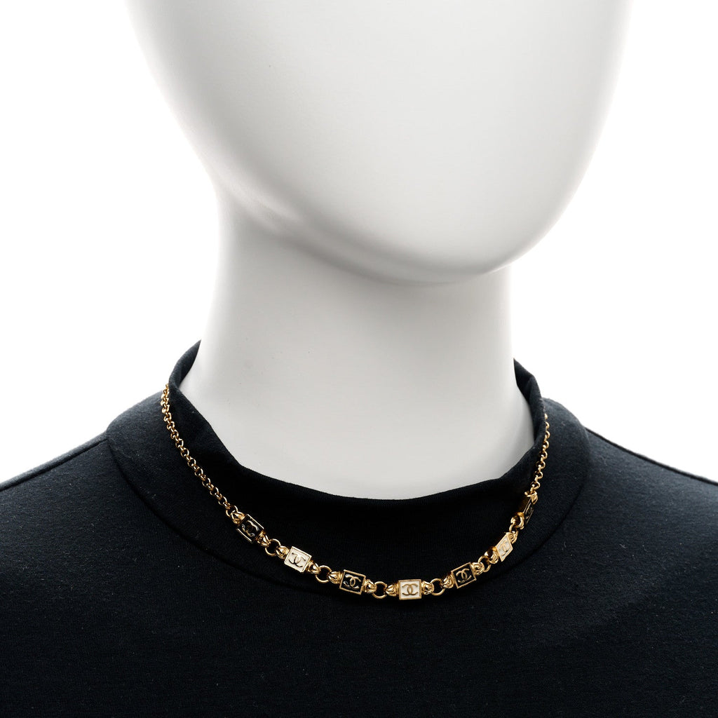 Metal Enamel CC Squares Choker Gold White Black