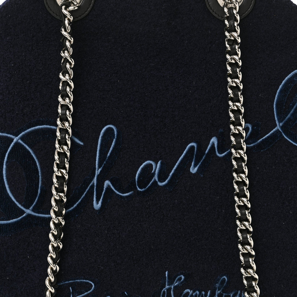 Wool Calfskin Embroidered Paris Hamburg Large Shopping Bag Blue