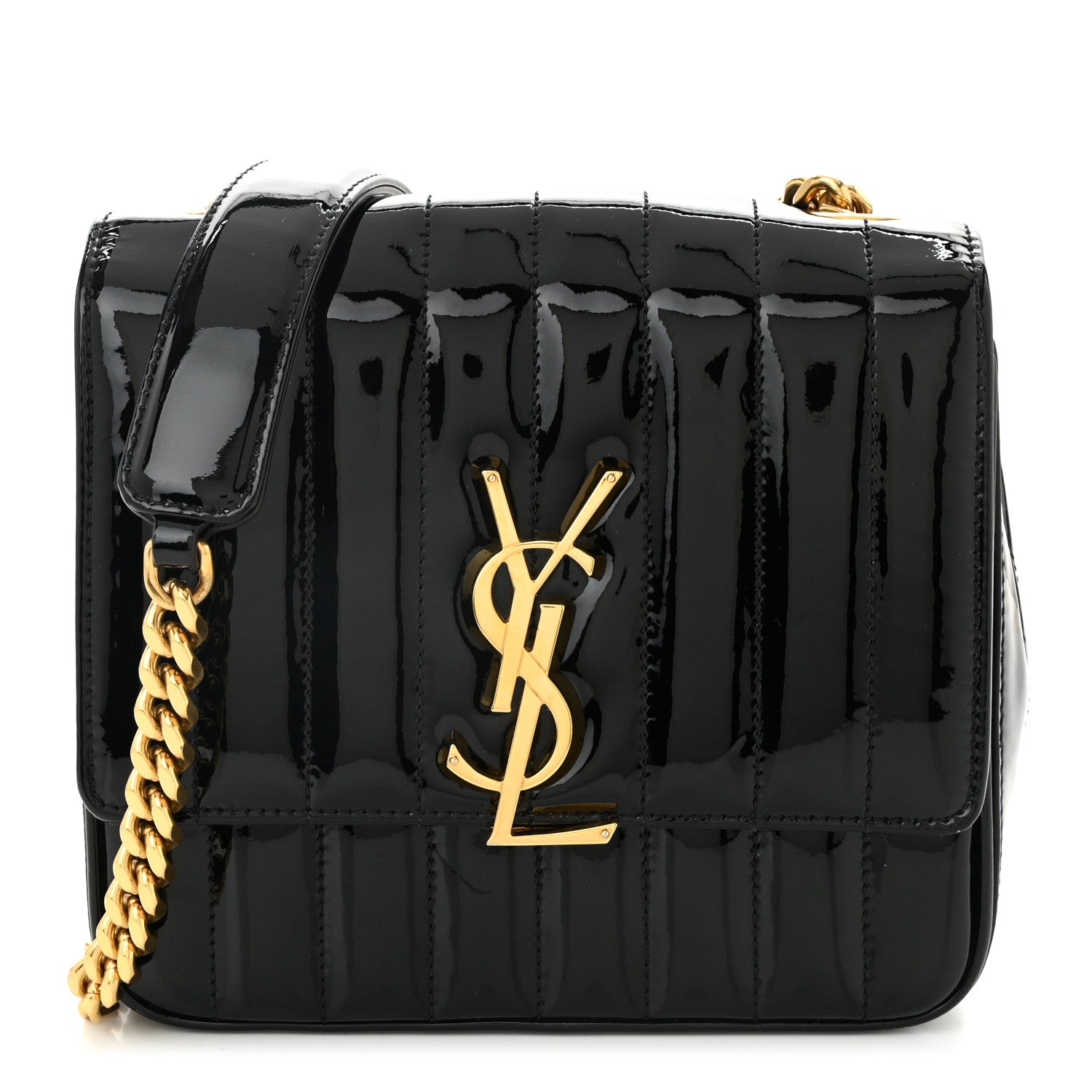 Patent Calfskin Matelasse Monogram Medium Vicky Chain Bag Black