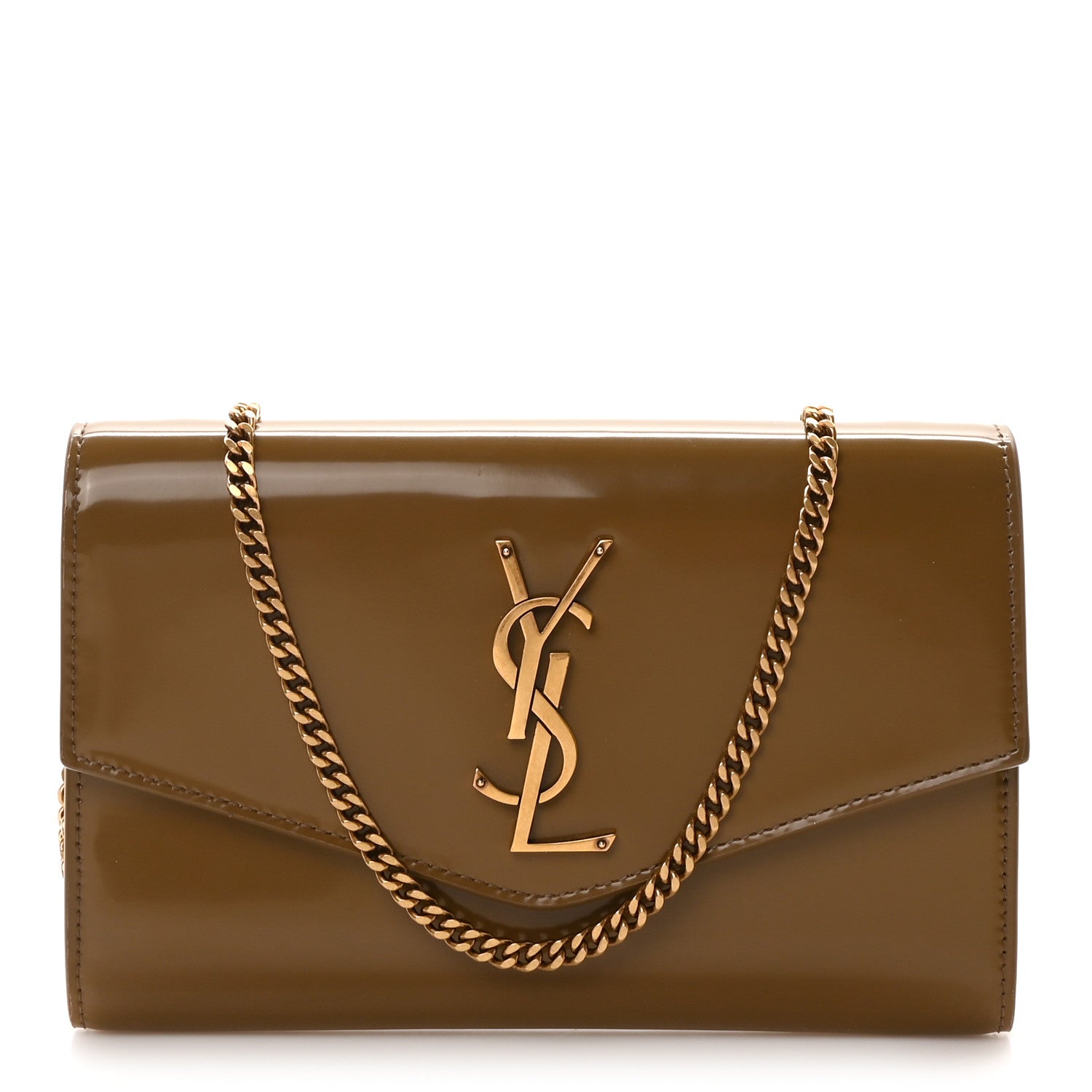 Patent Calfskin Uptown Chain Wallet Taupe
