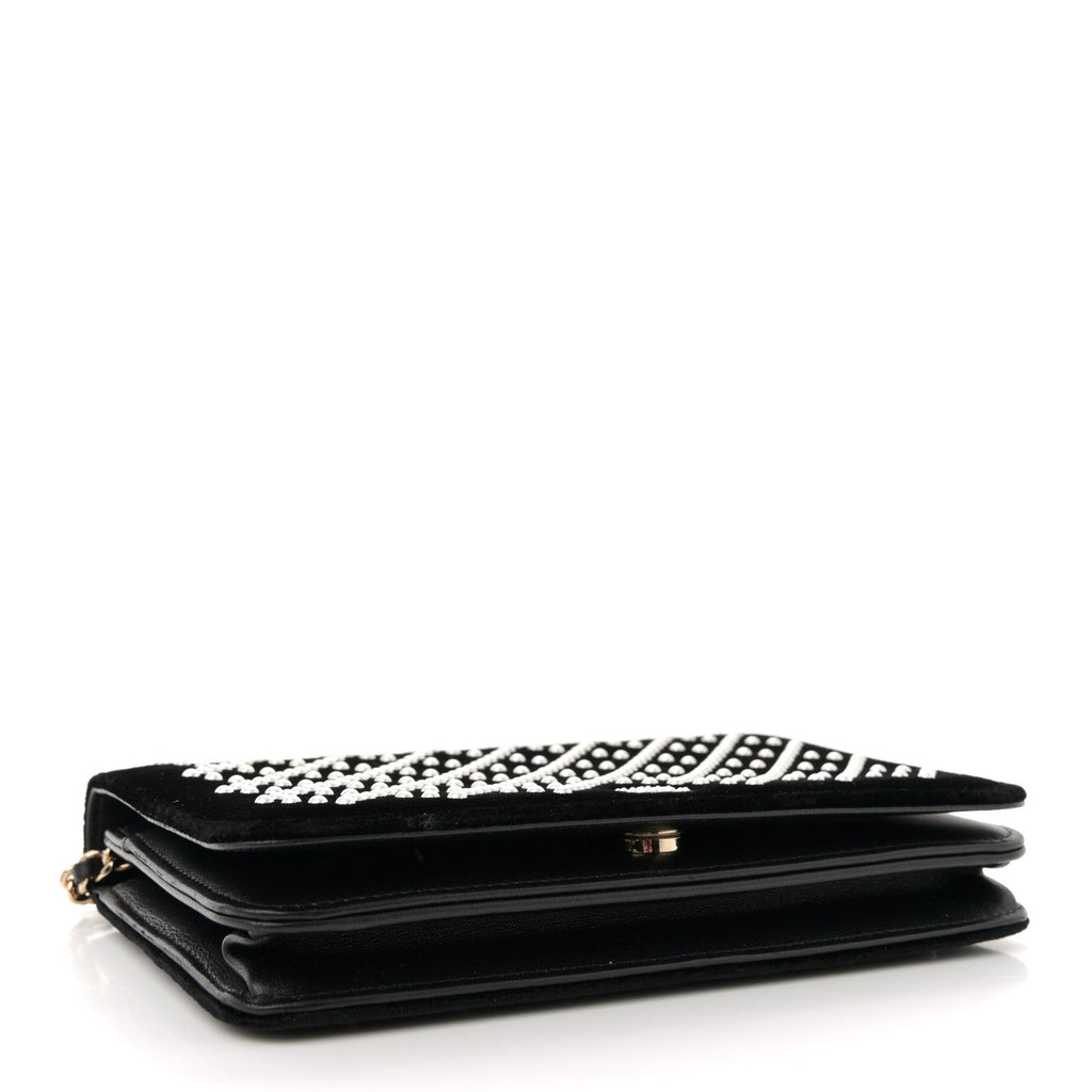 Velvet Pearl Diamond Embellished Wallet On Chain WOC Black
