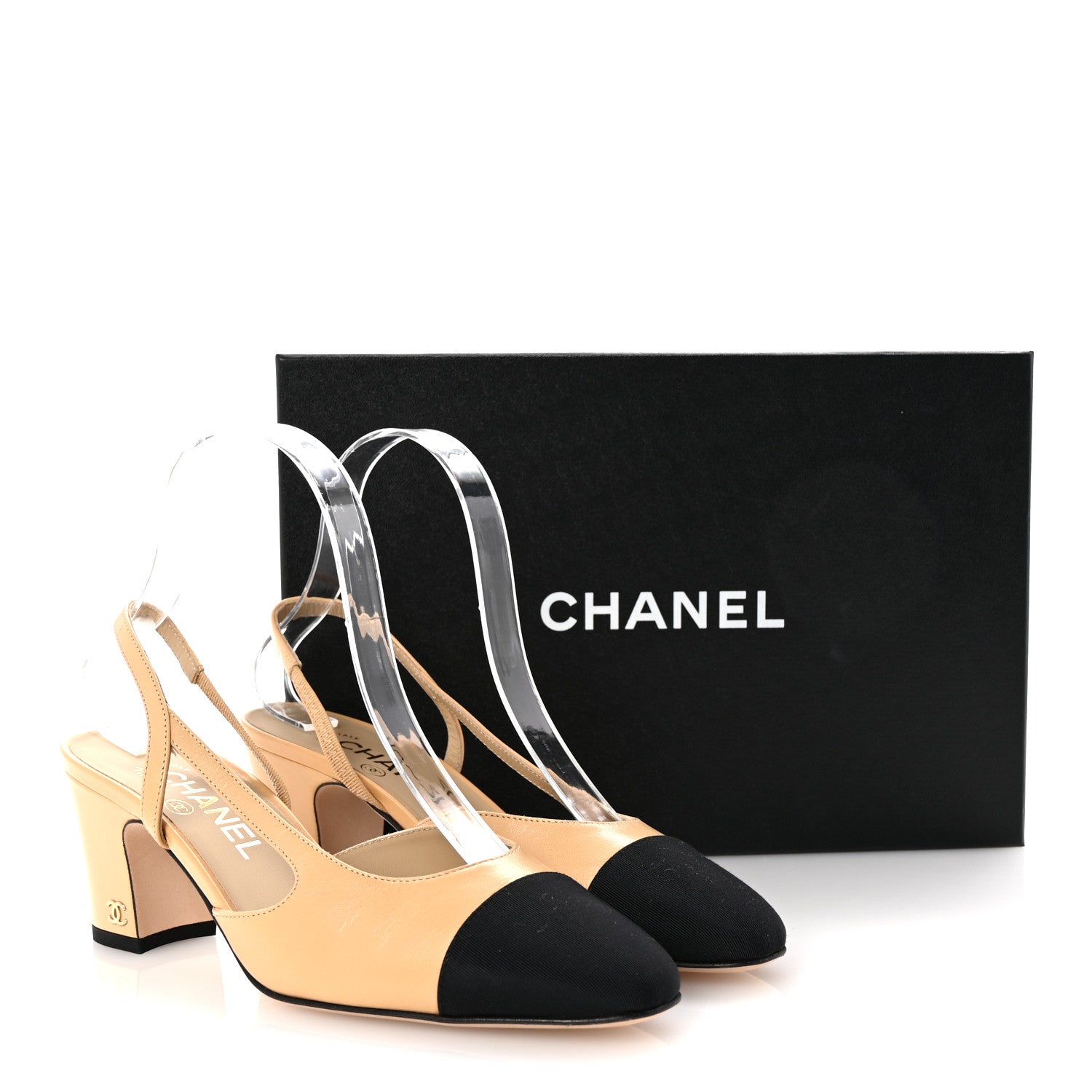 Goatskin Grosgrain Cap Toe CC Slingback Pumps 37 Beige Black