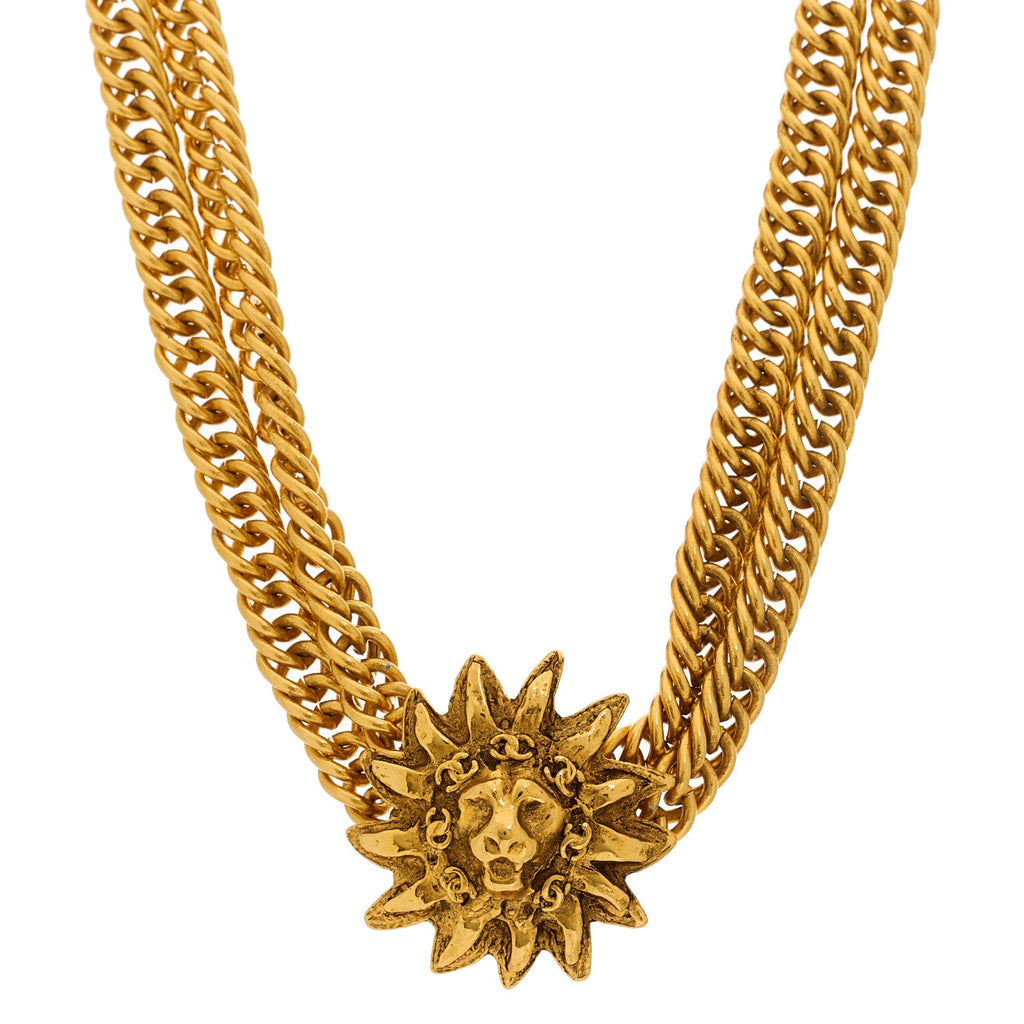 Multi Strand Chain Leo Lion Sun Medallion Necklace Gold