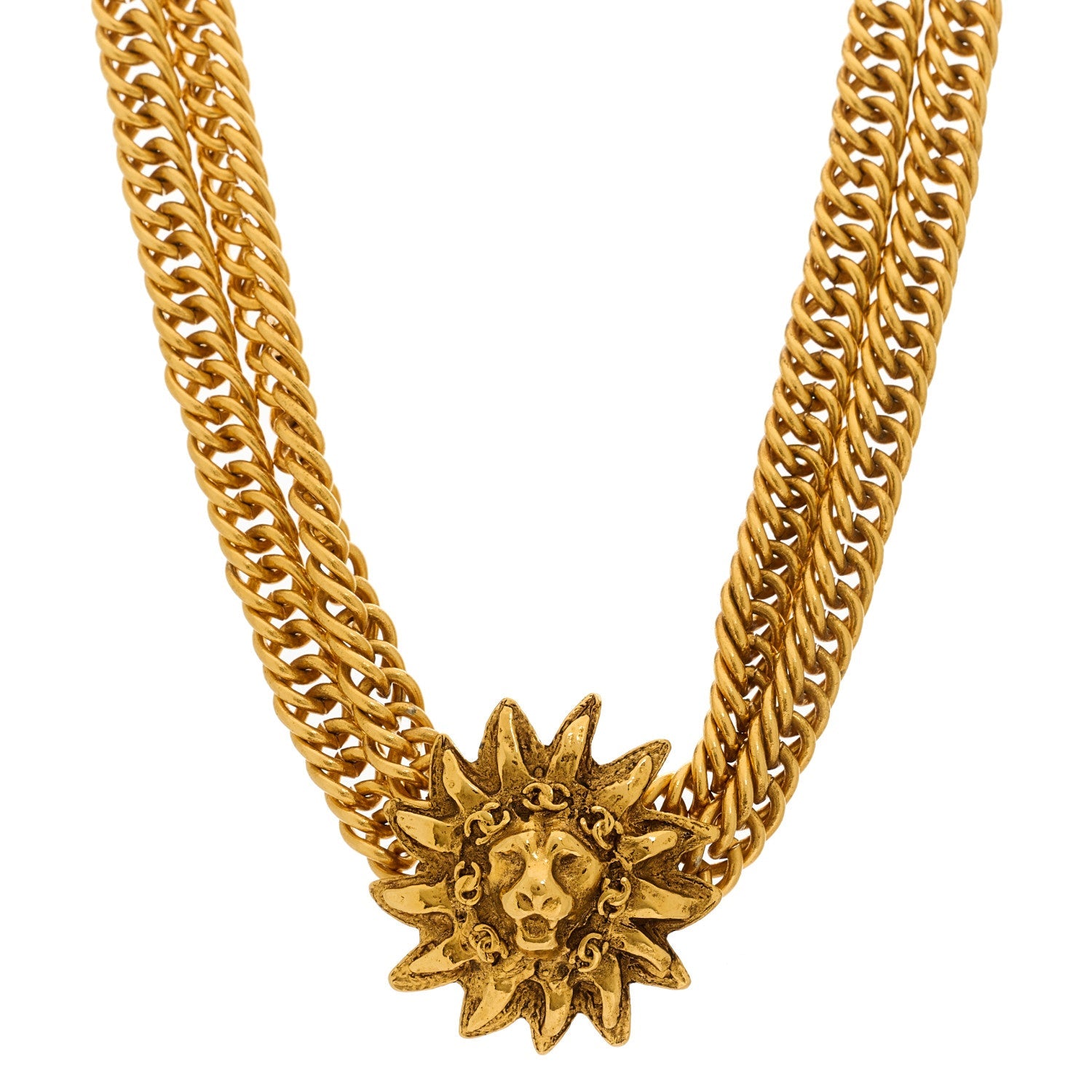 Multi Strand Chain Leo Lion Sun Medallion Necklace Gold