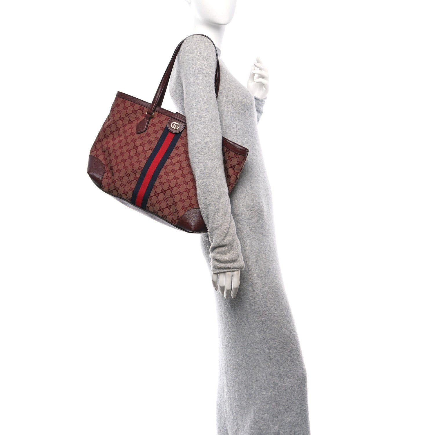 Monogram Textured Dollar Calfskin Web Medium Ophidia Shopping Tote Sahara Rubino Chardonnay