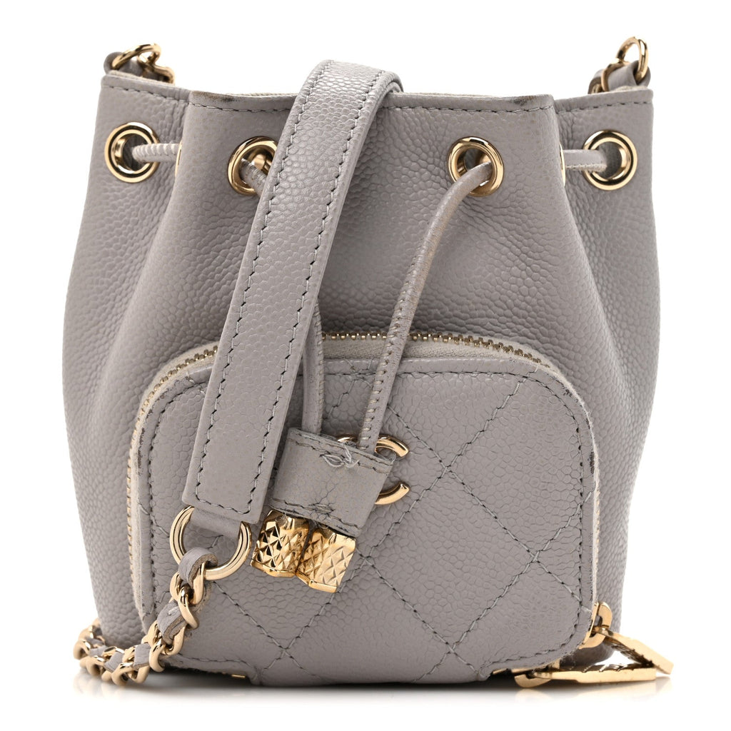 Caviar Quilted Mini CC Pocket Bucket Bag Grey