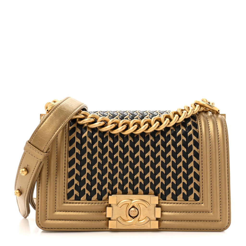 Metallic Lambskin Woven Small Boy Flap Black Gold