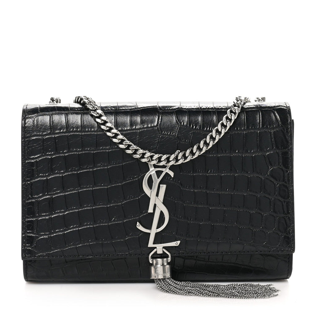 Calfskin Crocodile Embossed Small Classic Monogram Kate Tassel Satchel Black