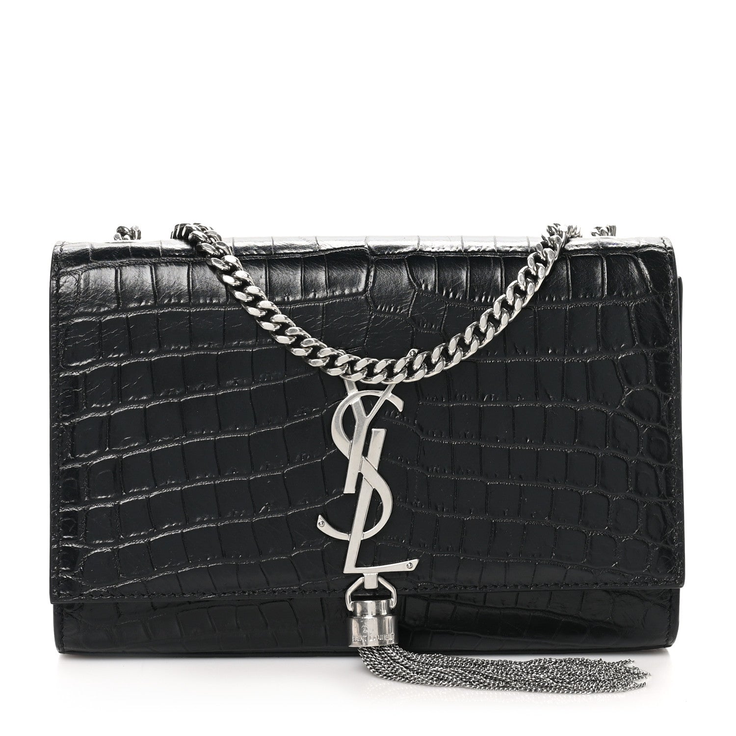 Calfskin Crocodile Embossed Small Classic Monogram Kate Tassel Satchel Black
