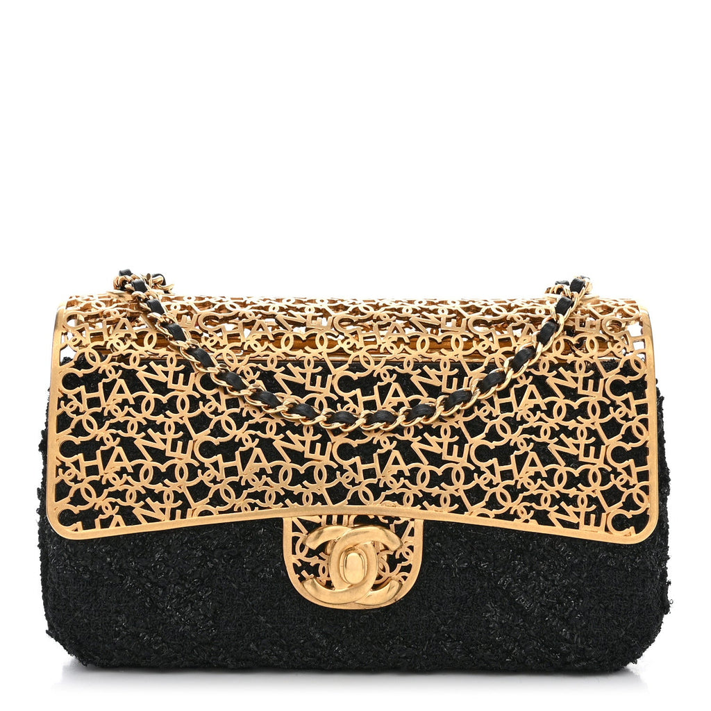 Metal Tweed Logo CC Minaudiere Flap Bag Black Gold