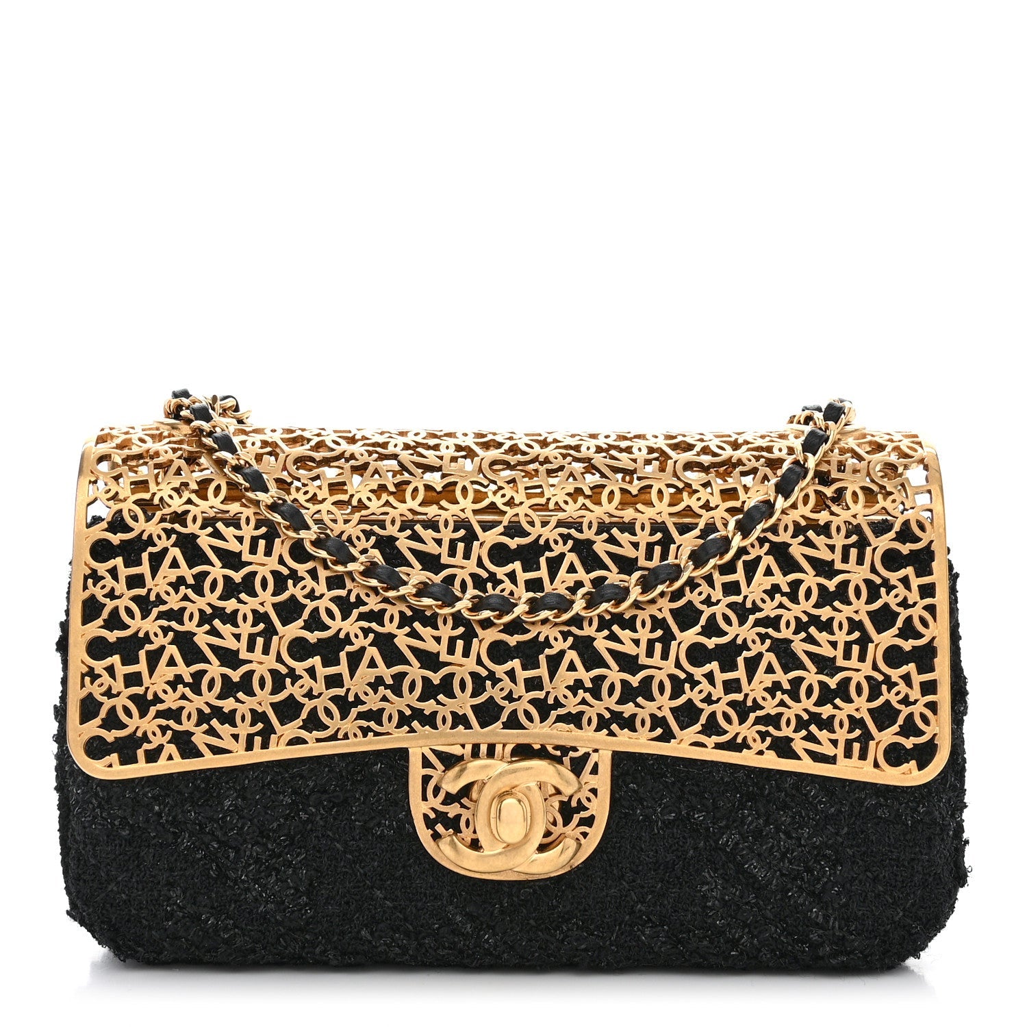 Metal Tweed Logo CC Minaudiere Flap Bag Black Gold