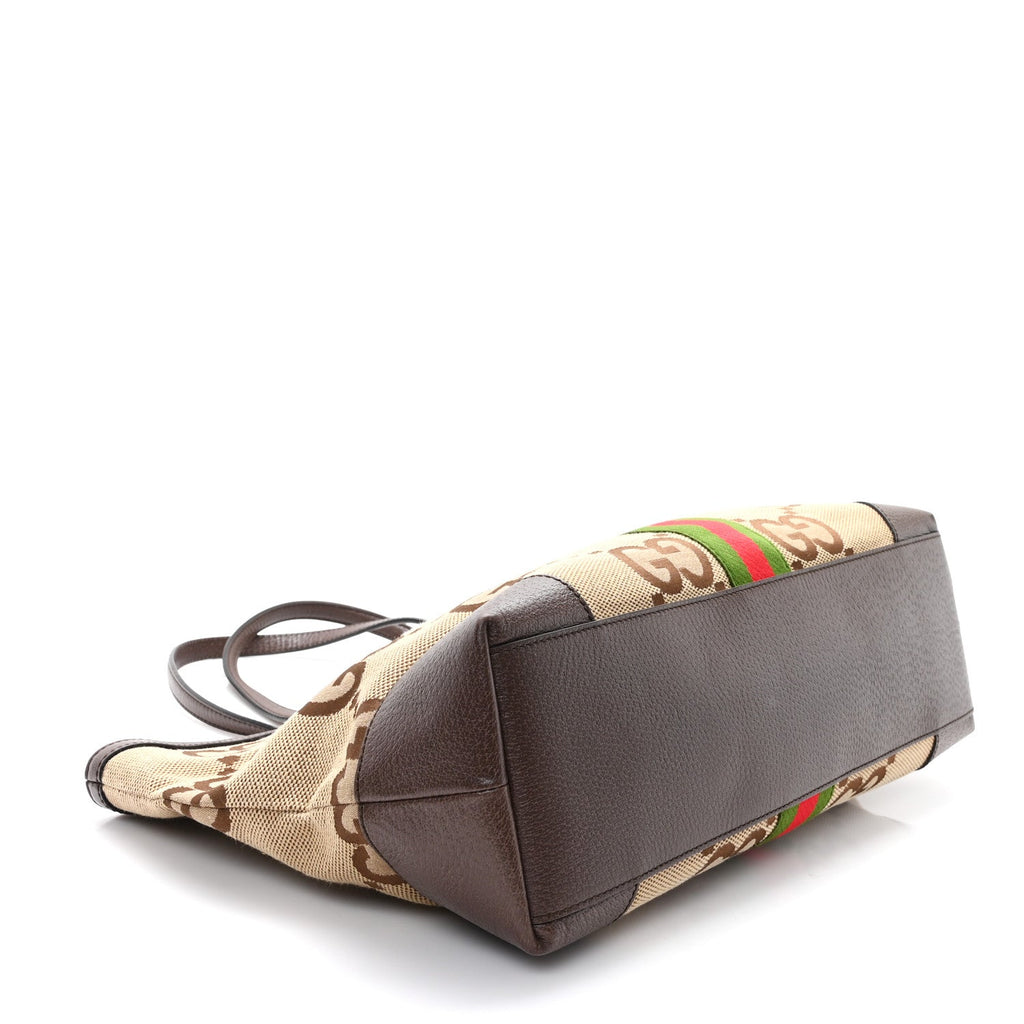 Monogram Jumbo GG Textured Dollar Calfskin Web Medium Ophidia Shopping Tote Camel Ebony