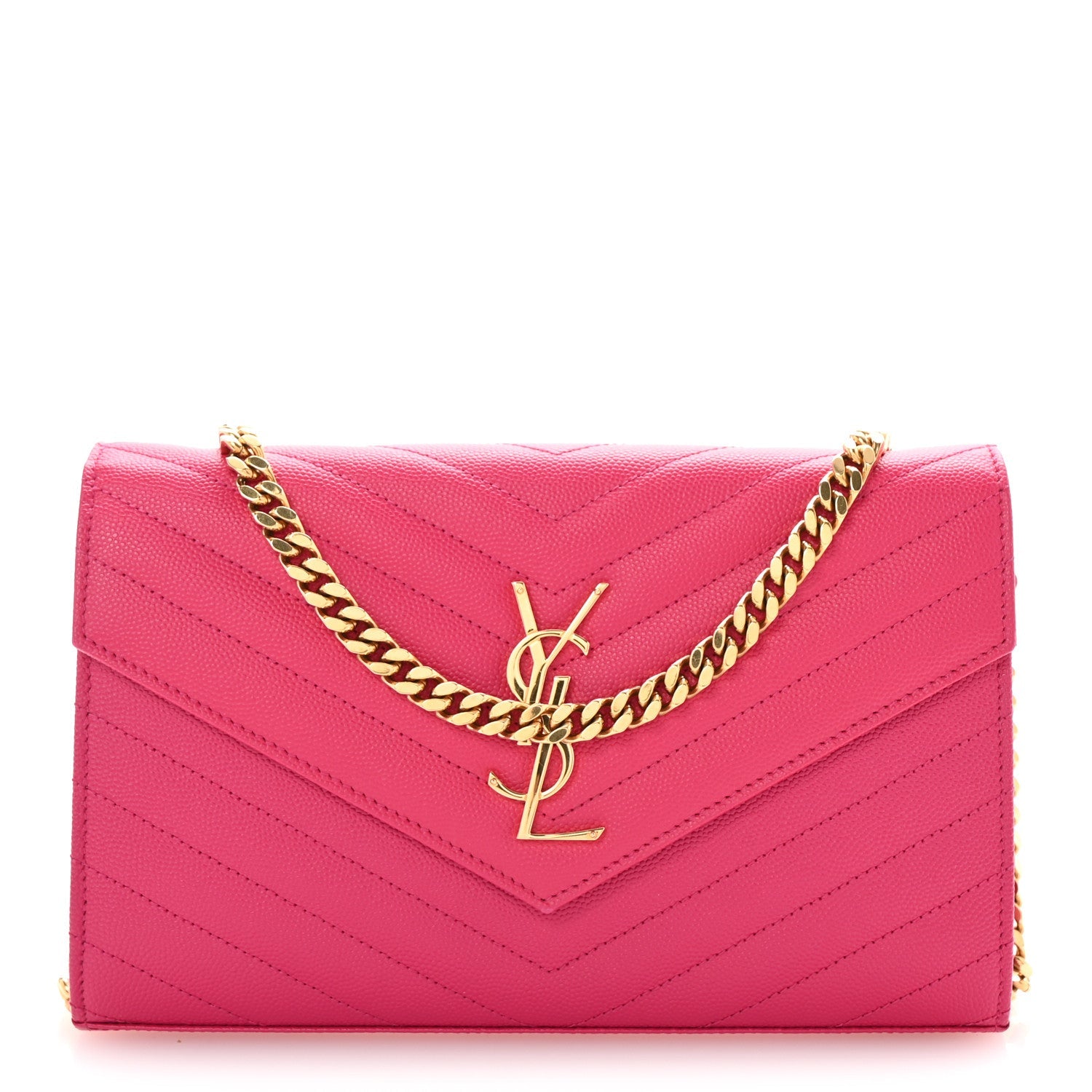 Grain De Poudre Matelasse Chevron Monogram Chain Wallet Lipstick Fuchsia